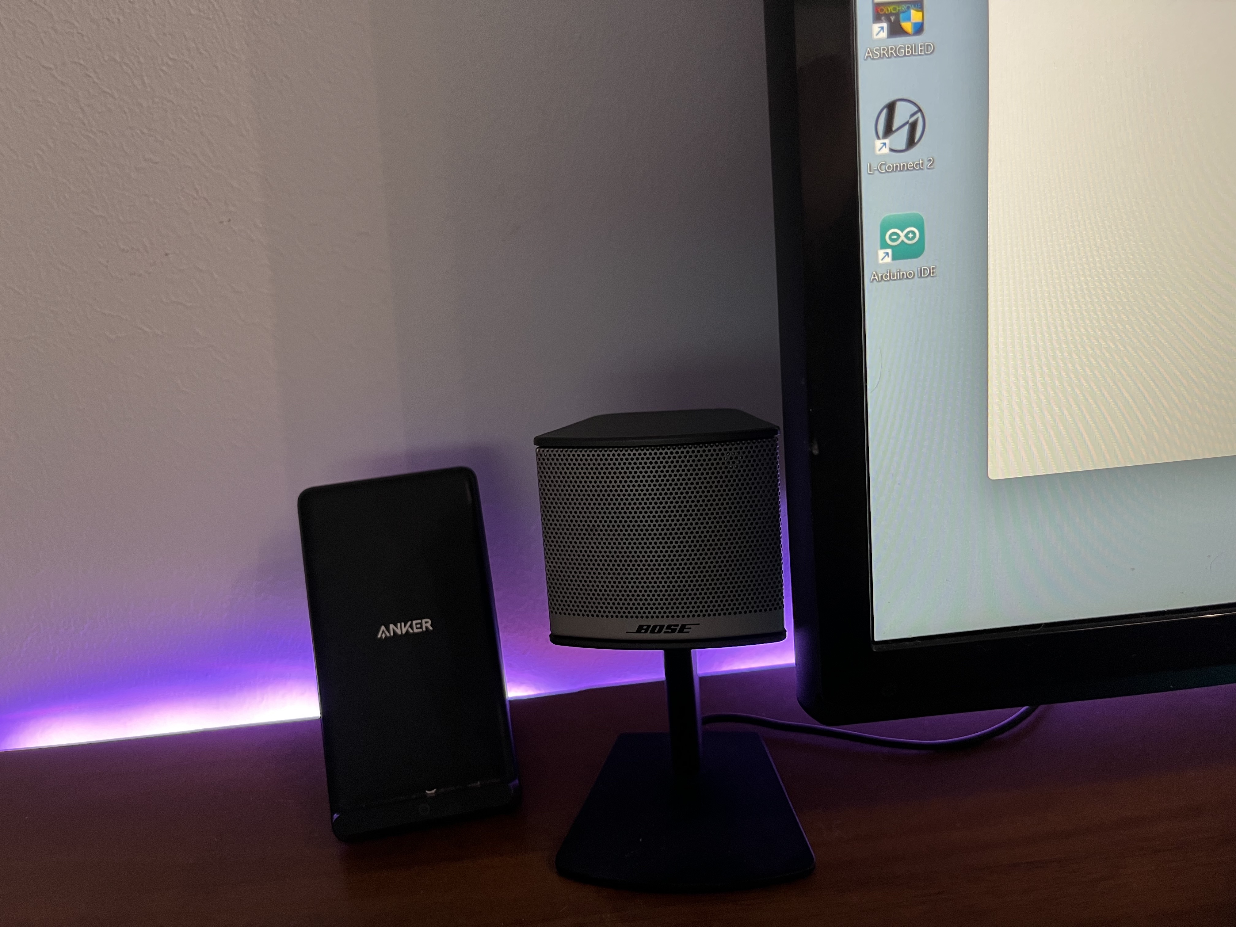 purple backlighting on a work desk